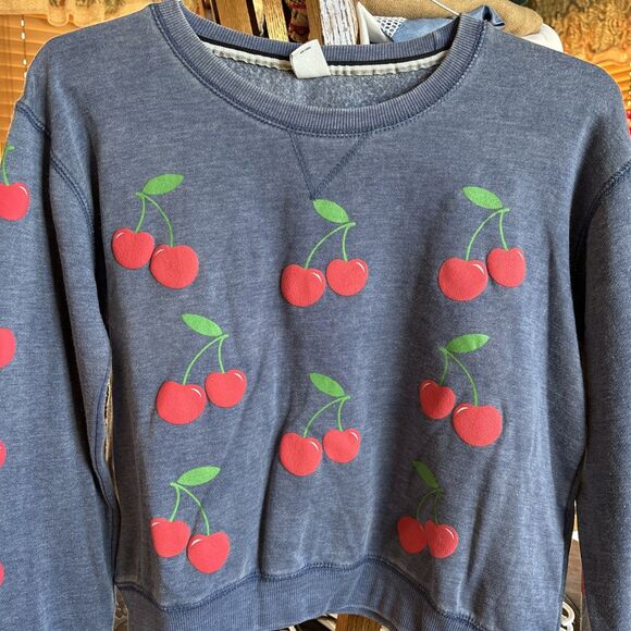 RELAX Women’s Cropped Sweatshirt BLUE CHERRIES Crew Neck Small - Picture 2 of 7